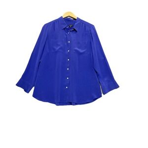 Talbots 100% Silk Button Down Shirt Size 16wp Blue Office Career Lightweight